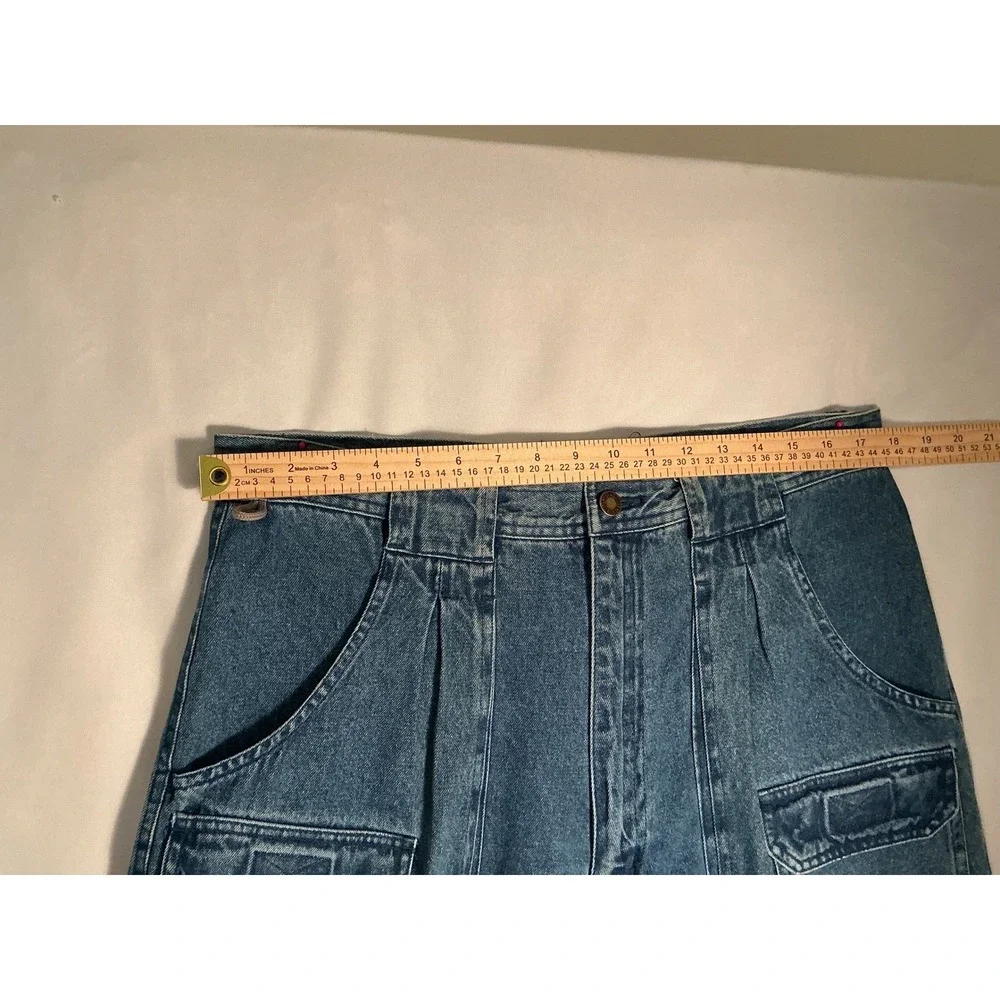 RW Rugged Vintage Mens Blue Denim Cargo Pants Pleated Relaxed Fit 36x32 Utility